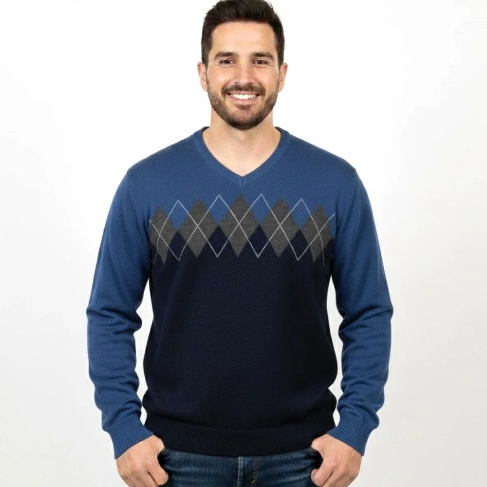 Club Room Men's XL V-Neck‎ Argyle Sweater Merino Wool Blend Blue Navy Preppy